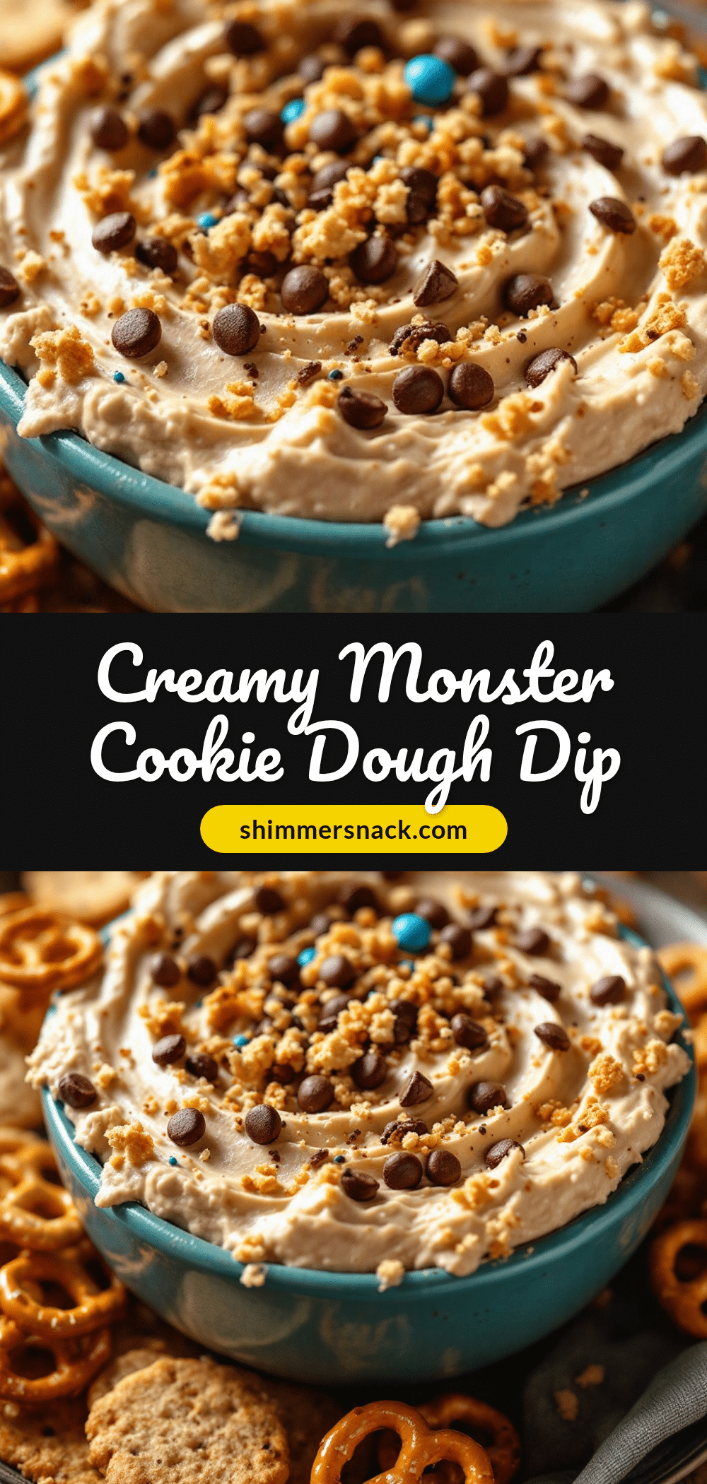 creamy monster cookie dough dip with pretzels recipe